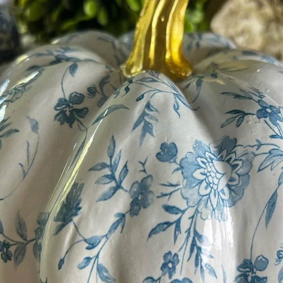 NEW! Boho Chic Farmhouse Blue & White Roses Floral Fall Autumn Harvest Pumpkin - Picture 6 of 7